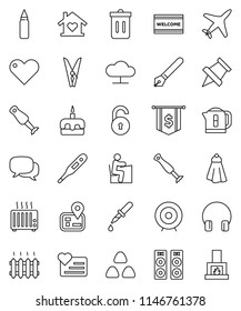 thin line vector icon set - clothespin vector, towel, trash bin, welcome mat, blender, cereal, cake, pen, student, paper pin, target, dollar flag, punching bag, heart monitor, navigator, plane