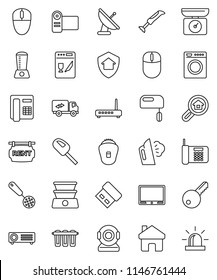 thin line vector icon set - steaming vector, skimmer, home, rent signboard, search estate, key, relocation truck, protect, washer, dishwasher, mixer, blender, epilator, kitchen scales, video camera