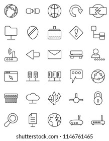 thin line vector icon set - world vector, internet, connect, connection, server, network folder, cloud, browser, shield, hub, router, lan connector, message, bench, arrow, redo, mail, globe, route