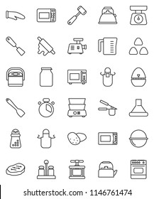 thin line vector icon set - camping cauldron vector, kettle, measuring cup, scales, apron, cook glove, timer, press, spatula, rolling pin, meat hammer, hand mill, microwave oven, double boiler, jar
