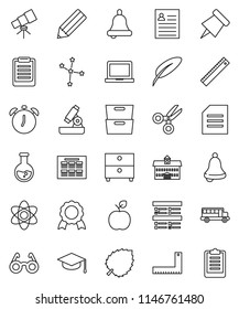 thin line vector icon set - graduate hat vector, pen, university, pencil, corner ruler, glasses, apple fruit, atom, telescope, microscope, bell, notebook pc, alarm clock, schedule, clipboard, medal