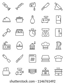 thin line vector icon set - sponge vector, plates, sink, pan, oil, scales, cook hat, timer, spatula, knife, rolling pin, meat hammer, hand mill, toaster, spices, blender, dish, fridge, dishwasher