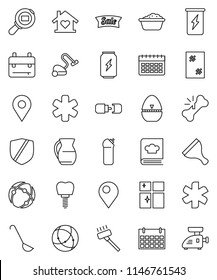 thin line vector icon set - scraper vector, vacuum cleaner, window cleaning, foam basin, agent, shining, cook timer, ladle, cookbook, jug, backpack, enegry drink, calendar, protected, cargo search