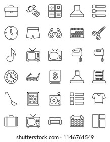 thin line vector icon set - ladle vector, mixer, glasses, abacus, music, case, annual report, clock, calendar, shorts, t shirt, radio, satellitie, tv, scissors, menu, cushioned furniture, calculator