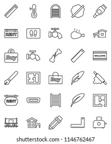 thin line vector icon set - water tap vector, splotch, welcome mat, washboard, rolling pin, thermometer, chicken leg, pen, pencil, corner ruler, Railway carriage, hdmi, broken bone, cottage, plan