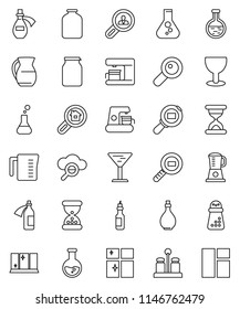 thin line vector icon set - shining window vector, oil, measuring cup, hand mill, spices, jug, jar, flask, glass, cargo search, magnifier, sand clock, potion, cloud, estate, client, coffee maker