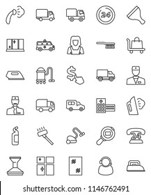 thin line vector icon set - scraper vector, vacuum cleaner, fetlock, car, window cleaning, steaming, agent, shining, woman, dollar cursor, phone 24, delivery, cargo search, doctor, hospital building