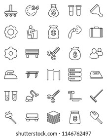 thin line vector icon set - scraper vector, vacuum cleaner, rake, iron, steaming, student, money bag, case, horizontal bar, big scales, group, vial, scissors, data, gear, bench, 24 hour