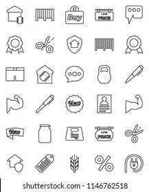thin line vector icon set - jar vector, pen, medal, personal information, muscule hand, shorts, cereals, weight, barcode, message, low price signboard, smart home, protect, new, percent, buy, coupon