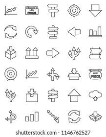thin line vector icon set - graph vector, crisis, target, arrow down, up, route, signpost, top sign, package, sorting, refresh, redo, cloud upload, low price signboard