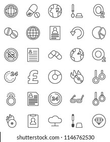 thin line vector icon set - toilet brush vector, glasses, world, personal information, pie graph, pound, pills, no fastfood, gymnast rings, oxygen, earth, music hit, cloud network, undo, globe