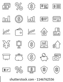 thin line vector icon set - presentation vector, dollar coin, graph, laptop, credit card, wallet, piggy bank, growth, check, receipt, board, medal, shield, monitor, yen sign, percent