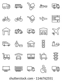thin line vector icon set - school bus vector, bike, plane, traffic light, ship, truck trailer, delivery, car, port, consolidated cargo, warehouse, Railway carriage, disabled, amkbulance, garage
