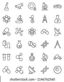 thin line vector icon set - thermometer vector, drawing compass, atom, telescope, microscope, flask, pills, molecule, oxygen, satellite, antenna, vial, dna, drop counter, ovule