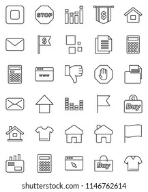 thin line vector icon set - calculator vector, flag, arrow up, dollar, document, equalizer, finger down, mail, stop button, browser, home, loading, house, buy, clothes