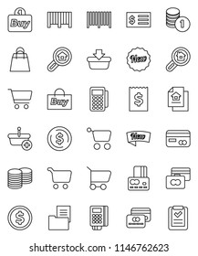 thin line vector icon set - dollar coin vector, cart, credit card, stack, receipt, estate document, search, new, shopping bag, buy, barcode, reader, basket, list