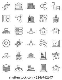 thin line vector icon set - molecule vector, bank, building, hierarchy, dna, chromosomes, ovule, connect, big data, plan, apartments, office, home