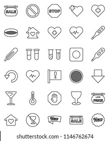 thin line vector icon set - sieve vector, arrow down, heart pulse, prohibition sign, no alcohol, cross, attention, glass, rec button, thermometer, vial, undo, stop, sale signboard, low price, new