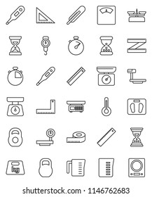 thin line vector icon set - measuring cup vector, scales, corner ruler, sand clock, stopwatch, weight, big, thermometer, store, kitchen