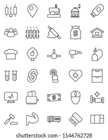 thin line vector icon set - cook hat vector, rolling pin, hand mill, toaster, japanese candle, muscule, heart cross, touchscreen, group, vial, hospital bed, diagnostic monitor, connect, usb modem
