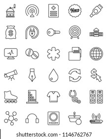 thin line vector icon set - water drop vector, hand mill, pen, school building, telescope, dollar cursor, roller Skates, target, document, antenna, headphones, social media, hdmi, ambulance star