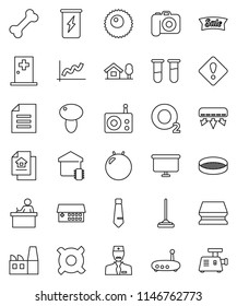 thin line vector icon set - mop vector, sponge, sieve, mushroom, student, document, graph, presentation board, tie, any currency, fitball, enegry drink, bone, oxygen, camera, radio, vial, ovule