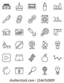 thin line vector icon set - splotch vector, drying clothes, washer, ladle, cake, apple, fruit, pen, constellation, graph, dollar calendar, stadium, shorts, water bottle, port, warehouse, link, sperm