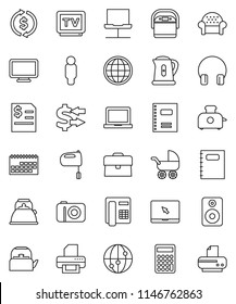 thin line vector icon set - kettle vector, mixer, copybook, notebook pc, exchange, case, annual report, calculator, man, calendar, tv, internet, headphones, speaker, network, globe, baby stroller