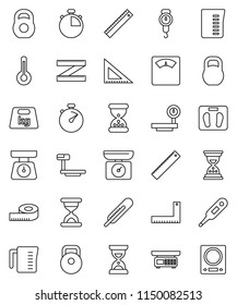 thin line vector icon set - measuring cup vector, scales, corner ruler, sand clock, stopwatch, weight, big, thermometer, store, kitchen
