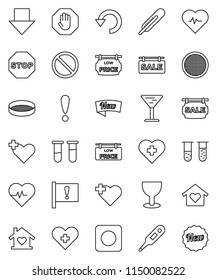 thin line vector icon set - sieve vector, arrow down, heart pulse, prohibition sign, cross, attention, glass, rec button, thermometer, vial, undo, stop, sale signboard, low price, love home, new