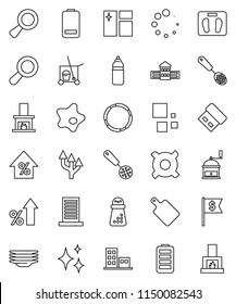 thin line vector icon set - cleaner trolley vector, shining, window cleaning, splotch, plates, skimmer, cutting board, hand mill, school building, percent growth, dollar flag, any currency, scales