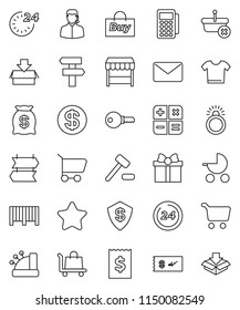 thin line vector icon set - cart vector, receipt, gift, dollar coin, star, money bag, 24 hour, market, support, buy, barcode, card reader, cashbox, basket, calculator, auction, trolley, mail, check