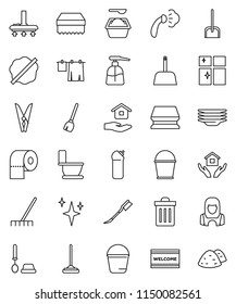 thin line vector icon set - broom vector, vacuum cleaner, mop, scoop, rake, bucket, clothespin, sponge, trash bin, car fetlock, shining, splotch, welcome mat, steaming, toilet, drying clothes, brush