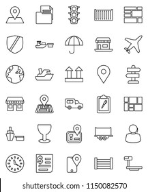 thin line vector icon set - signpost vector, navigator, earth, map pin, office, plane, traffic light, support, traking, ship, truck trailer, sea container, car, clock, receipt, port, wood box, glass
