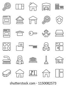 thin line vector icon set - plunger vector, fetlock, sponge, shining window, house hold, cleaner woman, oven, school building, university, dry cargo, warehouse, home, key, garage, estate document