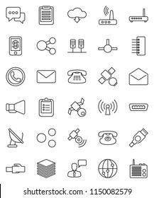 thin line vector icon set - clipboard vector, satellite, satellitie, loudspeaker, internet, dialog, speaking man, classic phone, mail, hdmi, connect, server, big data, hub, router, lan connector