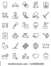 thin line vector icon set - rake vector, water tap, liquid soap, house hold, pills vial, heart monitor, no trolley, pulse, broken bone, patch, stethoscope, bottle, blister, anamnesis, hospital bed