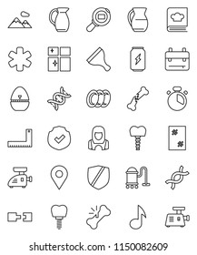 thin line vector icon set - scraper vector, vacuum cleaner, window cleaning, plates, shining, woman, cook timer, cookbook, jug, corner ruler, backpack, music, enegry drink, protected, cargo search