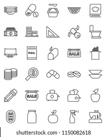 thin line vector icon set - toilet vector, washing powder, sprayer, plates, colander, cookbook, jar, pasta, pencil, corner ruler, apple fruit, coin stack, money search, stadium, pills, satellite