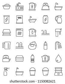 thin line vector icon set - soap vector, bucket, sponge, water drop, bath, foam basin, sprayer, shower, closet, sink, kettle, measuring cup, jug, enegry drink, bottle, pool, supply, dishwasher