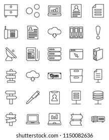 thin line vector icon set - pen vector, notebook pc, document, archive, personal information, laptop graph, binder, signpost, attention, satellite antenna, newspaper, network server, big data, share