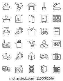 thin line vector icon set - scoop vector, washing powder, cereal, pasta, binder, safe, first aid kit, no trolley, warehouse, package, cargo search, radio, mailbox, relocation truck, gift, cashbox