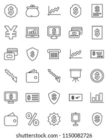 thin line vector icon set - presentation vector, dollar coin, graph, laptop, credit card, wallet, crisis, check, receipt, medal, shield, monitor, yen sign, percent