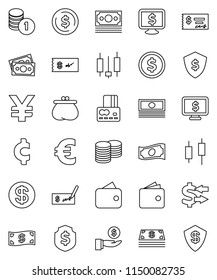thin line vector icon set - exchange vector, dollar coin, japanese candle, credit card, wallet, cash, investment, stack, check, shield, monitor, euro sign, yen, cent, money