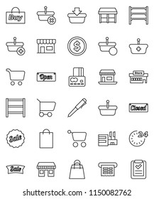 thin line vector icon set - pen vector, dollar coin, cart, credit card, office, shelving, sale, open, closed, 24 hour, shopping bag, market, store, mall, buy, receipt, basket, list