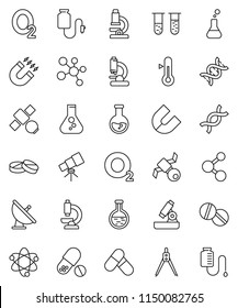 thin line vector icon set - thermometer vector, drawing compass, atom, telescope, microscope, magnet, flask, pills, molecule, oxygen, satellite, antenna, vial, dna, drop counter