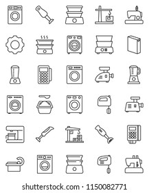 thin line vector icon set - washer vector, washing powder, mixer, double boiler, blender, tomography, gear, construction crane, card reader, coffee maker, meat grinder, sewing machine