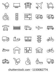 thin line vector icon set - school bus vector, bike, plane, traffic light, ship, truck trailer, sea container, car, port, consolidated cargo, warehouse, Railway carriage, disabled, amkbulance