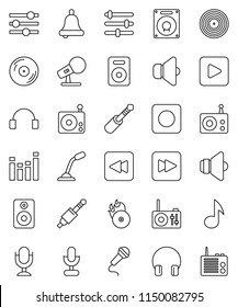 thin line vector icon set - bell vector, music, disk, hit, microphone, radio, speaker, equalizer, headphones, play button, forward, backward, rec, jack