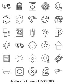 thin line vector icon set - washboard vector, toilet paper, plates, pie graph, arrow up, pound, oxygen, disk, rec button, pills blister, gear, refresh, redo, loading, route, relocation truck, washer